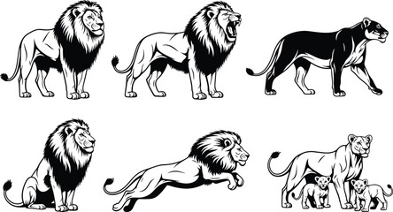 Lion family vector set featuring male lion with mane, lioness hunting, jumping predator, and mother lion with cubs, safari wildlife icons. © Liza