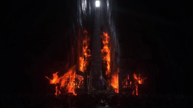 Man in hell. Sinner. A lonely sinfull man stands in front of a hell gates. Hell fire. Religious concept. Realistic 4k animation.