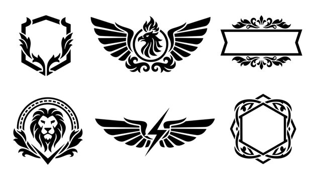 Vector illustration set of animal mascots including lion and rooster, winged lightning bolt symbol and decorative floral banner frames