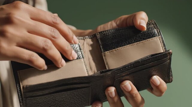 Hands holding open leather wallet