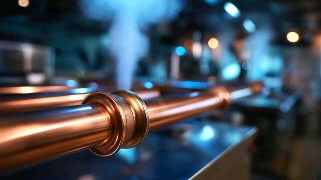 Industrial maintenance concept copper boiler piping in focus, steam drifting, blurred mechanical background, with copy space