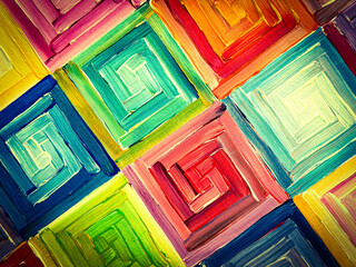 Abstract colorful acrylic painting texture with geometric square spiral patterns and vibrant brushstrokes on canvas background