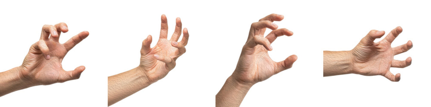 Set and collection of human hands in various clawing, grasping, and tensed finger gestures isolated on white transparent PNG background