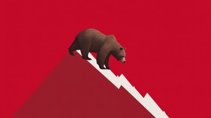 Brown bear descending a stylized red mountain with zigzag path