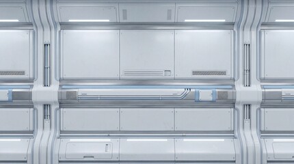 Seamless background of a clean, futuristic sci-fi interior wall with white panels, blue accents, and linear lighting. Ideal for technology and space designs.