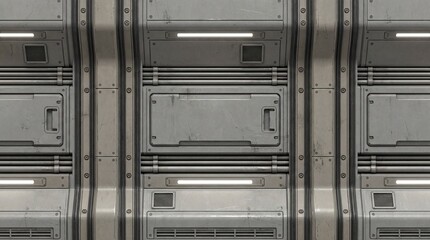 Seamless high-tech metallic wall texture with glowing lights, vents, and panels. Ideal for futuristic sci-fi backgrounds, game environments, or industrial design.