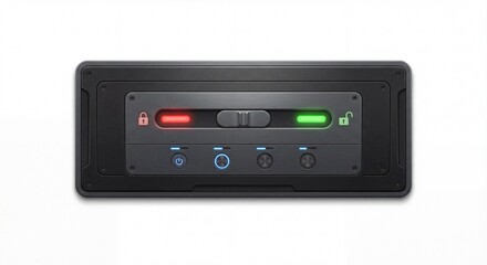 Fototapeta premium Sleek digital interface with security lock/unlock slider (red/green) and illuminated blue control buttons. High-tech concept for data protection, UI/UX, and cyber security.