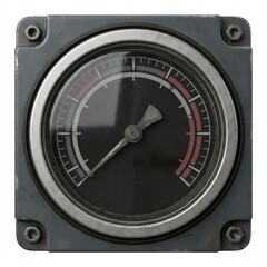 An aged industrial analog measurement gauge with a pointer, scratched metal casing, and bolts. Dark dial with white & red markings, isolated on white.