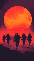 Silhouetted soldiers march across a crimson battlefield under a large, ominous red moon