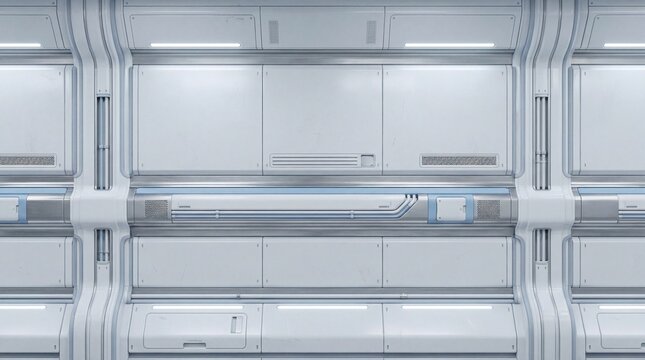 Seamless background of a clean, futuristic sci-fi interior wall with white panels, blue accents, and linear lighting. Ideal for technology and space designs.