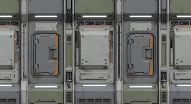 Seamless sci-fi wall panel texture with integrated lights, exposed wiring, and industrial details. Ideal for futuristic backgrounds, game assets, and 3D environment design.