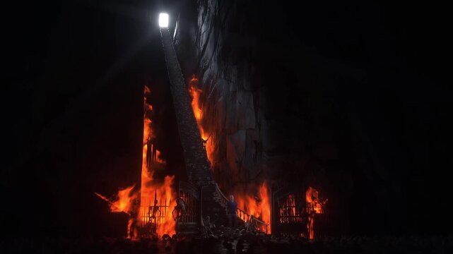 Man in hell. Sinner. A lonely sinfull man stands in front of a hell gates. Hell fire. Religious concept. Realistic 4k animation.