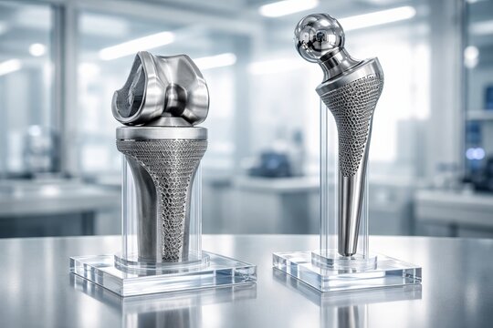 3D‑printed titanium orthopedic implants on acrylic stands in clean laboratory