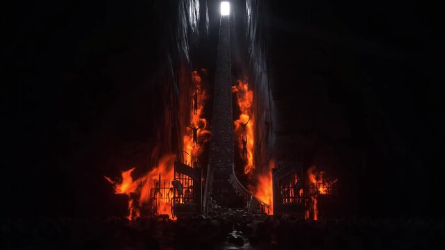 Hell gates. Road to hell fire. Devil portal. Sinner. Religious concept. Realistic 4k animation.