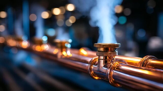 Faceless technical background featuring copper pipes and fittings, steam rising slowly, shallow depth of field, with copy space