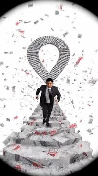 Man walks up staircase formed by scattered papers with text. Setting suggests a creative workspace with dynamic elements. Concept of business growth, motivation, development