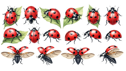 A charming watercolor collection of vibrant red ladybirds, featuring black-spotted wings, leafy accents, and delicate flying poses. © liana