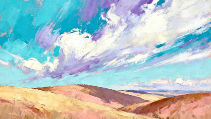Vibrant Desert Landscape With Colorful Sky And Dunes In Abstract Style.