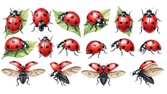 A charming watercolor collection of vibrant red ladybirds, featuring black-spotted wings, leafy accents, and delicate flying poses.