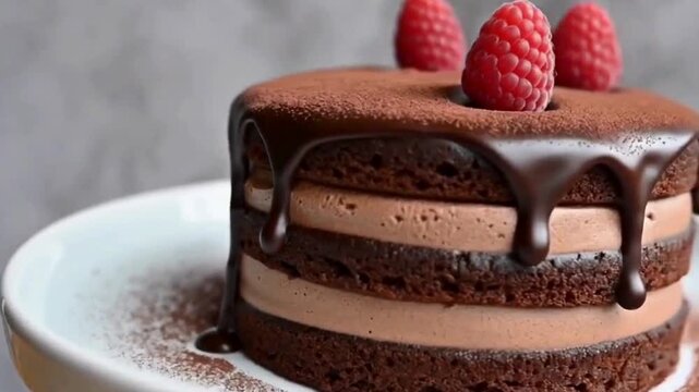 Delicious chocolate cake with raspberries on a plate, tempting dessert for celebration. A three-layered cake with rich chocolate frosting. isolated on white background.generative ai
