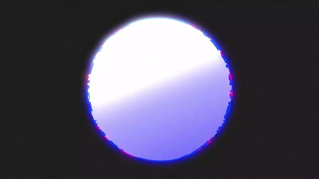 Glowing white circle with digital glitch effect on dark background
