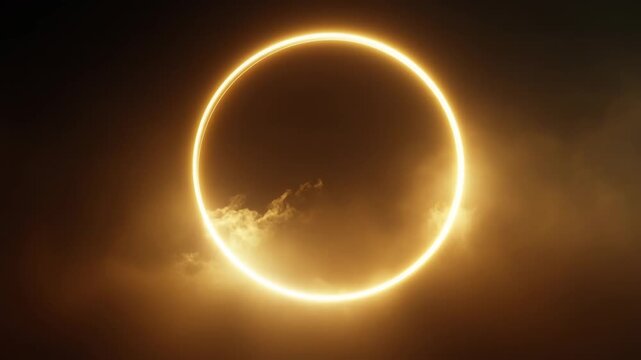Glowing ring moving with clouds in an animated background. Abstract light tunnel for digital display or futuristic concept.