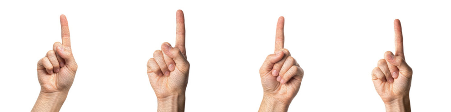 Set of Hands Pointing Up with Index Finger, Number One Sign and Direction Gesture, Idea and Attention Concept Collection of Male Hands Isolated on White Transparent PNG Background