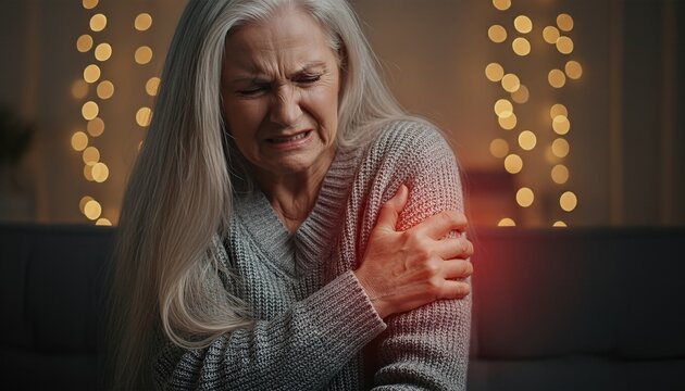 Senior woman suffering from severe shoulder pain and muscle ache while sitting on a sofa at home in the evening