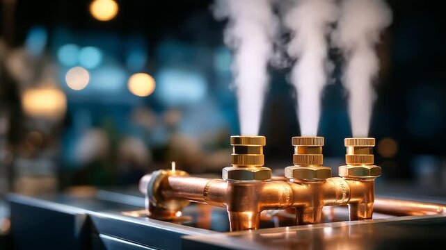 Faceless energy system detail showing copper pipes and valves, soft steam rising, minimal technical background blur, with copy space