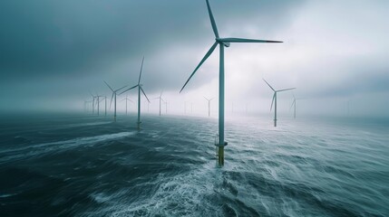 Offshore wind farm in rough sea under dramatic cloudy sky, aerial view of renewable energy turbines producing sustainable electricity in challenging weather conditions