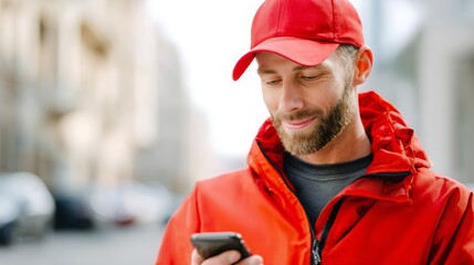 Fototapeta premium Delivery man in a red uniform checking smartphone, delivering packages and food, providing courier service in a modern city, smiling during communication for online orders