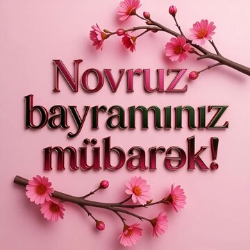 novruz bayram greeting animation with pink flowers on branch and azerbaijani text on pink background