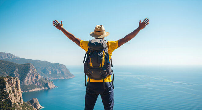 Hiker with arms raised in triumph on a cliff overlooking the vast blue sea and rugged coastline on a sunny day.