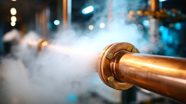 Industrial maintenance concept copper boiler piping in focus, steam drifting, blurred mechanical background, with copy space
