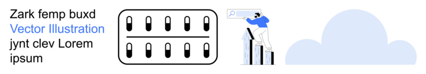 Cloud storage, data servers, technology, digital information, remote data access, online management. A cloud icon, data servers and a person performing a search. Cloud storage and data servers