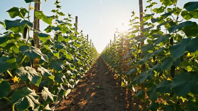 Rows of Cucumbers Growing Tall On Wooden Supports In A Field Under Bright Sunlight Providing Agricultural Farming Hope