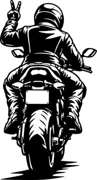Biker Gesturing Peace on Motorcycle Back View Monochrome Illustration