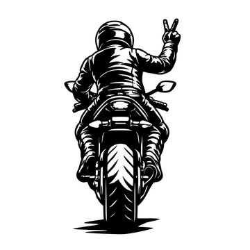 Biker From Behind on Black and White Illustration Giving Victory Hand Sign Graphic Design 