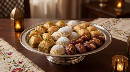 Traditional Arabic sweets platter with baklava maamoul and dates on wooden table with lanterns for Ramadan