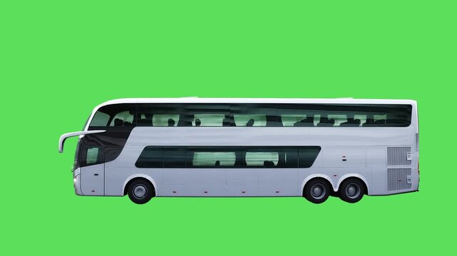Jorney touristic bus driving fast. realistic dynamic reflections on the car body. 4K green screen isolate.