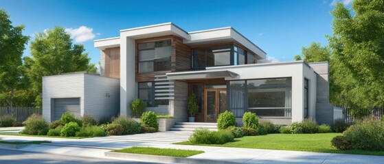 Fototapeta premium Modern luxury home exterior with blue sky and landscaped yard