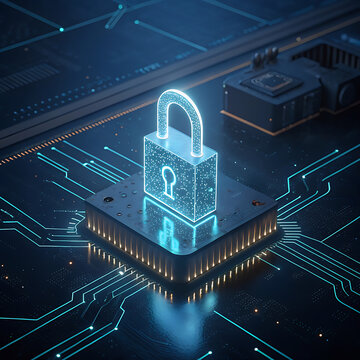 Glowing padlock hovers over a microchip amid neon circuitry on a dark blue background, illustration depicting futuristic security technology