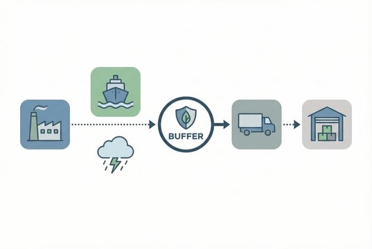 Streamlined supply chain representation illustrating factory to shipping logistics with a buffer zone concept ensuring operational efficiency and resilience against disruptions