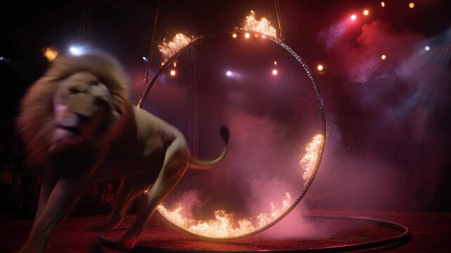Majestic lion executing acrobatic leap through flaming hoop, circus act, fire performance, animal show, theatrical stunt, arena spectacle, dramatic motion.