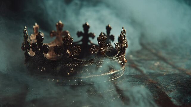 Regal crown rising through swirling mist, headpiece, throne symbol, artifact, medieval relic, ceremonial headdress.