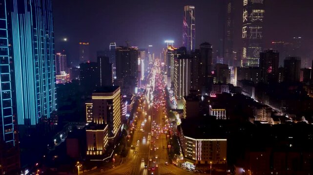 Changsha Wuyi Avenue Aerial Night View with City Lights and Traffic