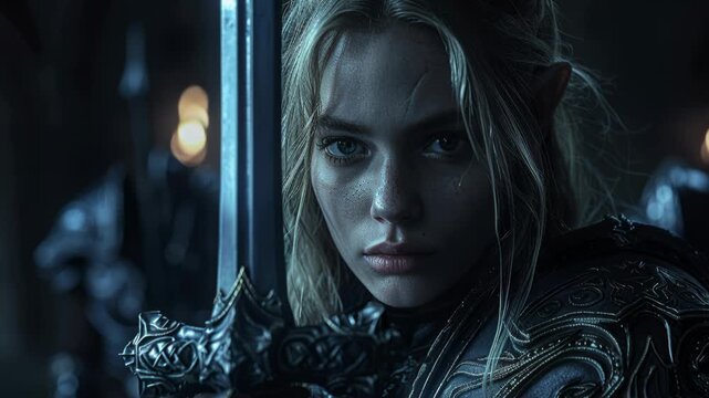 elf warrior with sword, mystical gaze, armor, cinematic portrait, dark setting, heroine, elven queen.