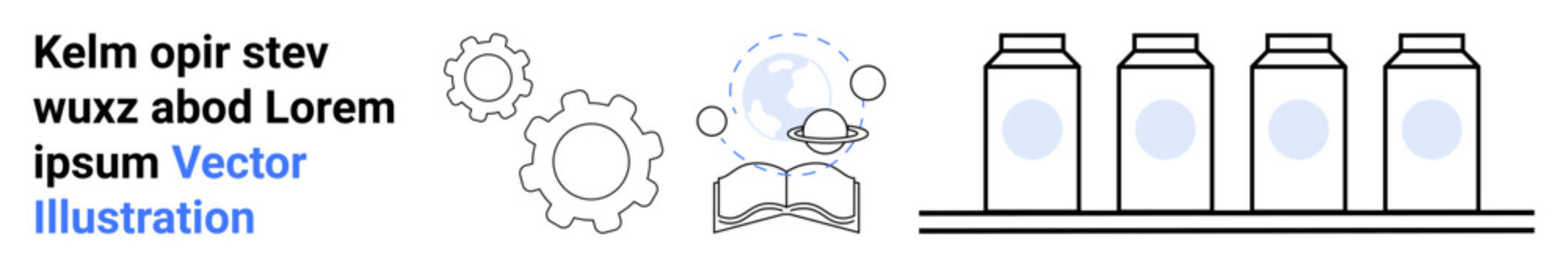 Education, knowledge sharing, automation, technology processes, research concepts, study aids. Minimalistic design with gears, book keylines and product containers. Knowledge sharing and automation