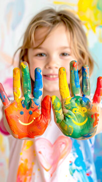 Kinder mit bunten angemalten H&auml;nden 