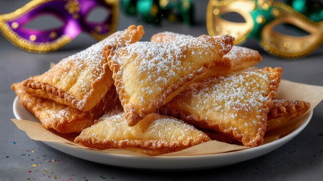 beignets dusted with powdered sugar, Mardi Gras masks in background, festive celebration food, carnival dessert, French pastry.
